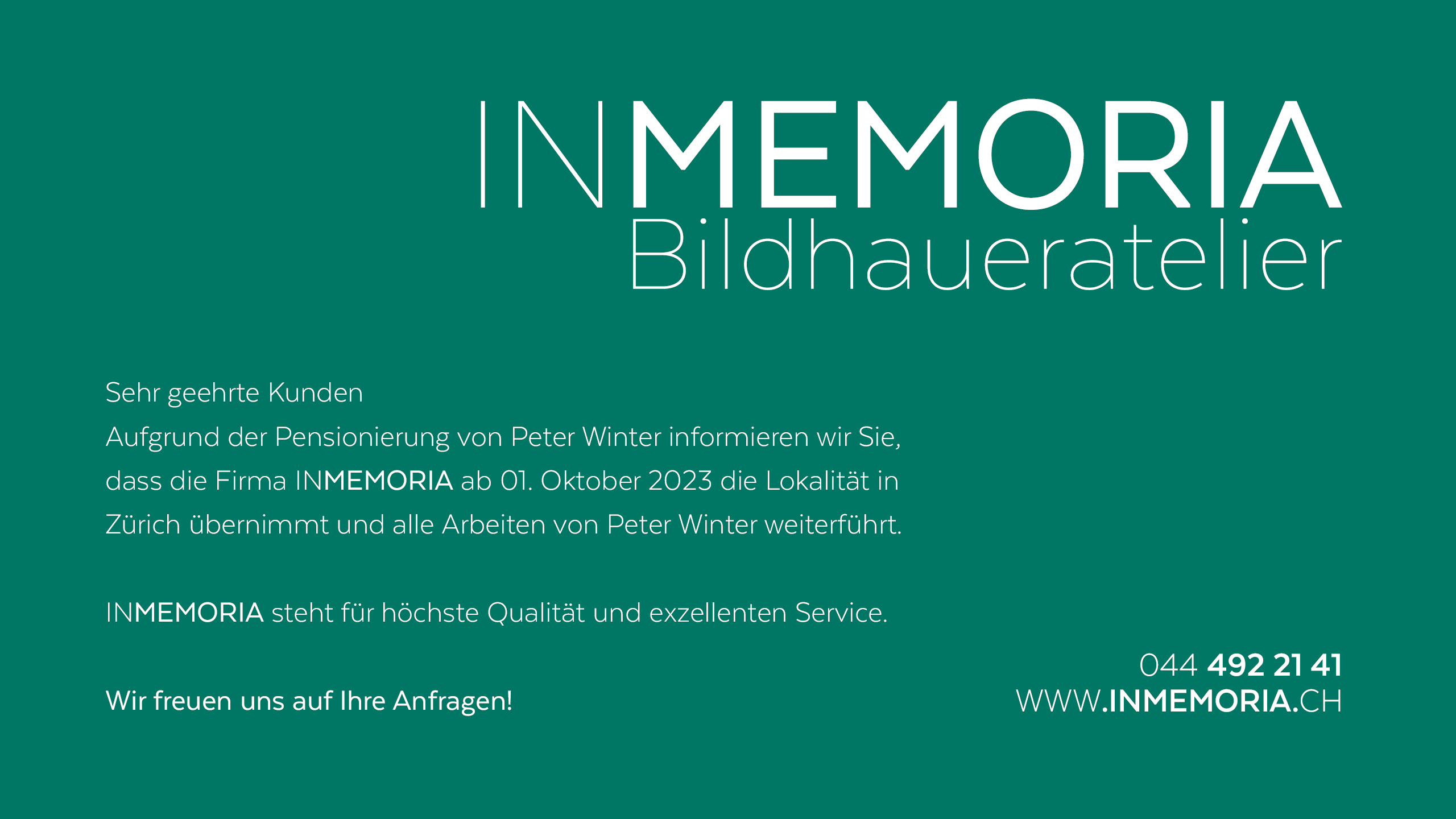 Information Pensionierung Peter Winter und Übernahme durch INMEMORIA