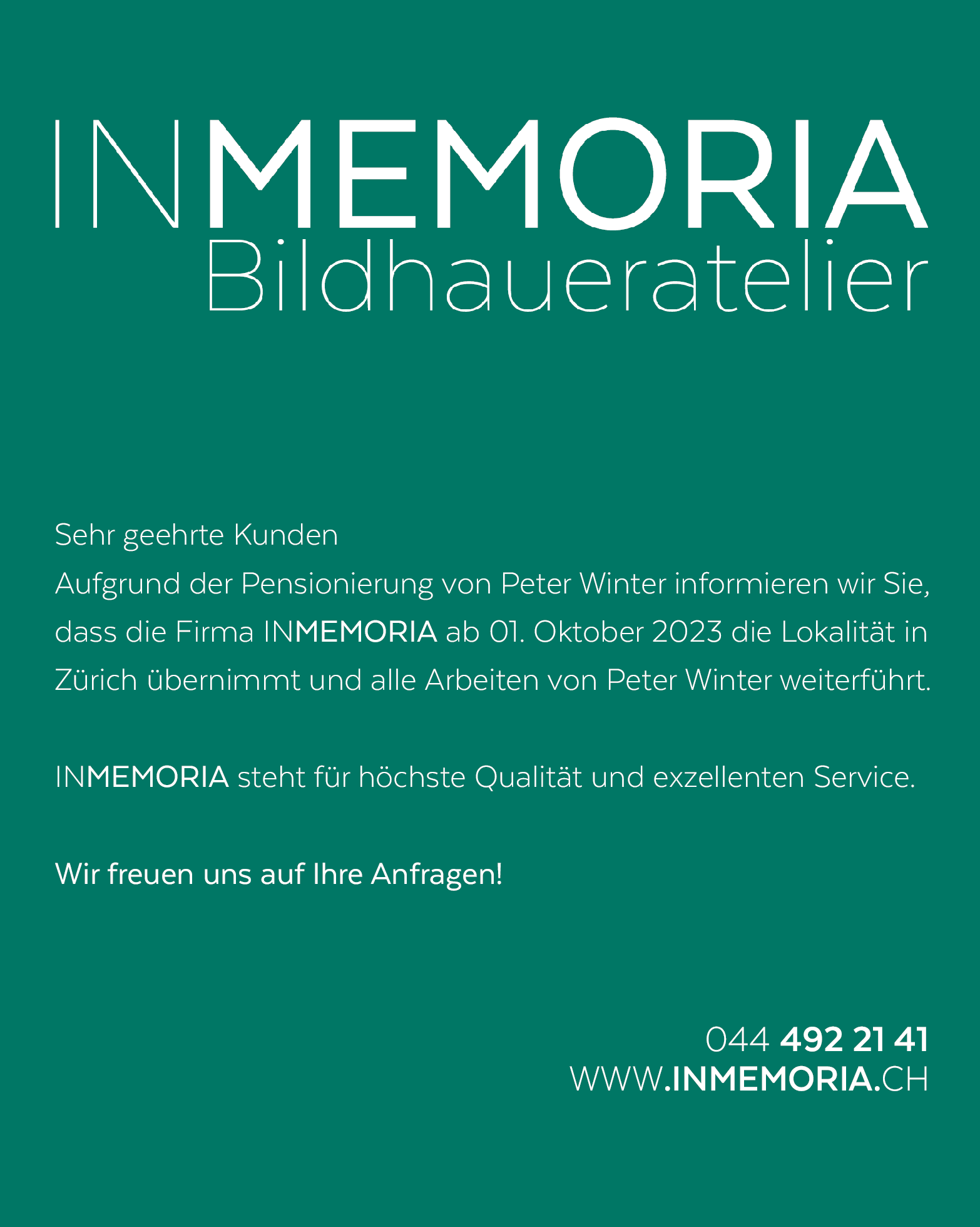 Information Pensionierung Peter Winter und Übernahme durch INMEMORIA